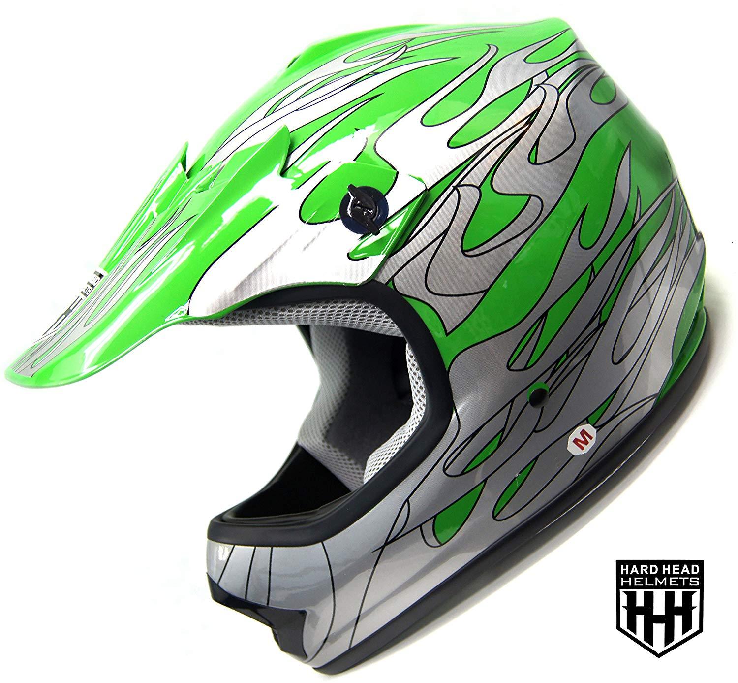 HHH DOT Youth & Kids Helmet for Dirtbike ATV Motocross MX Offroad Motorcyle Street bike Snowmobile Helmet with VISOR-Green-Flame-USA